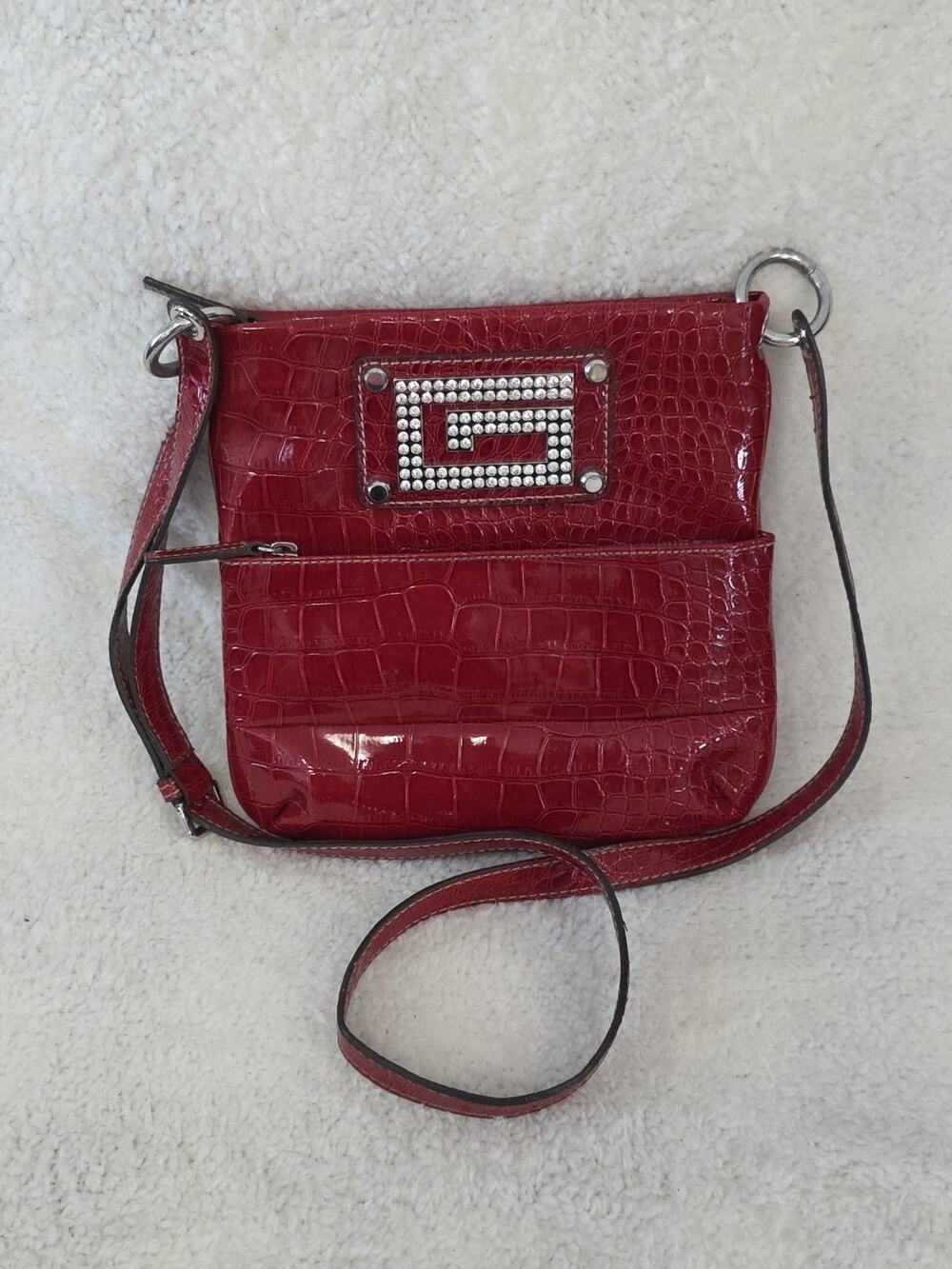 GUESS Chastity Croc Embossed Rhinestone Logo Crossbody Messenger Bag Purse Red